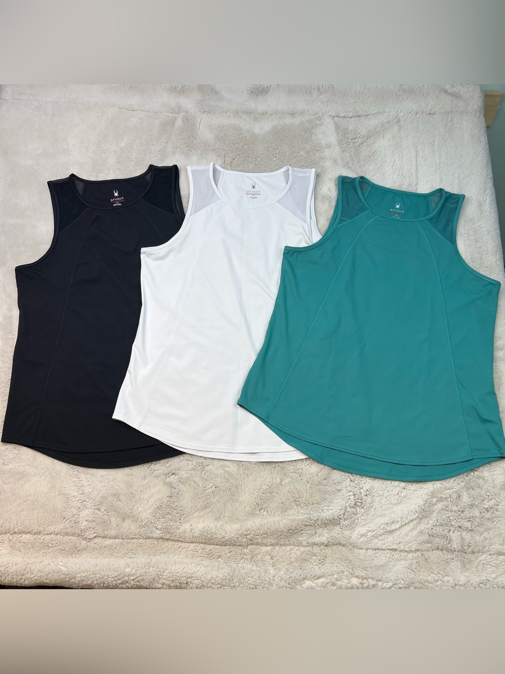 Spyder Tank Top Set of 3 Size Large Teal White Black Athletic Mesh Stretch
